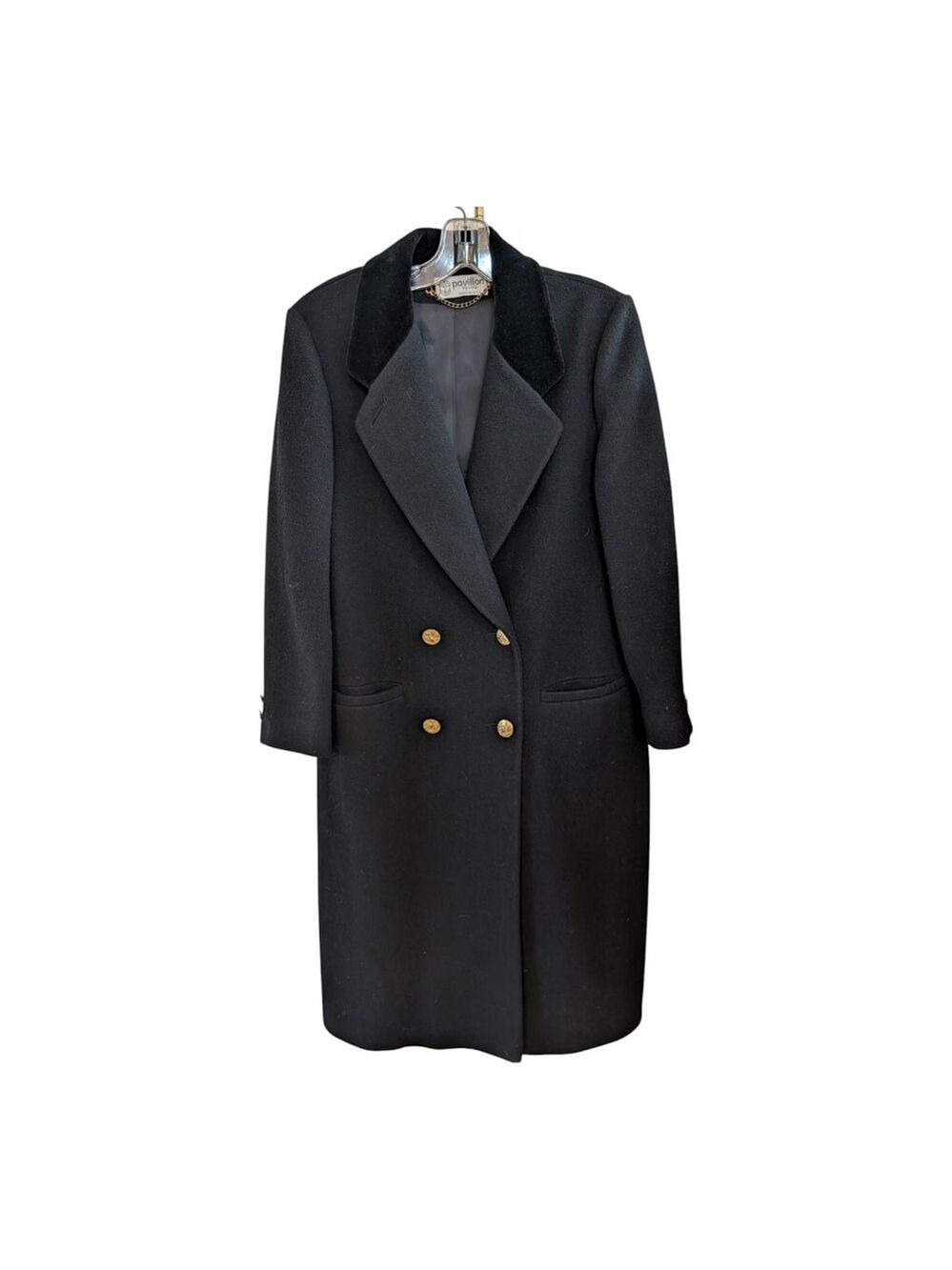 Vintage Pavilion Petite Black Wool Double Breasted Coat Size 18 Velvet Collar